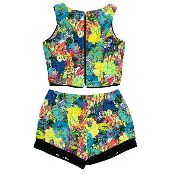 Lulumari 2-Piece Neon Floral Crop Top and Shorts Set - Picture 2 of 8